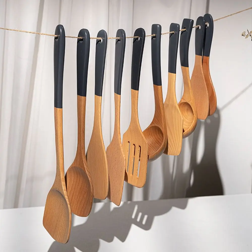Natural Beech Wood Tableware Spoon Ladle Turner Rice Colander Soup Skimmer Cooking Spoon Scoop Kitchen Reusable Tool