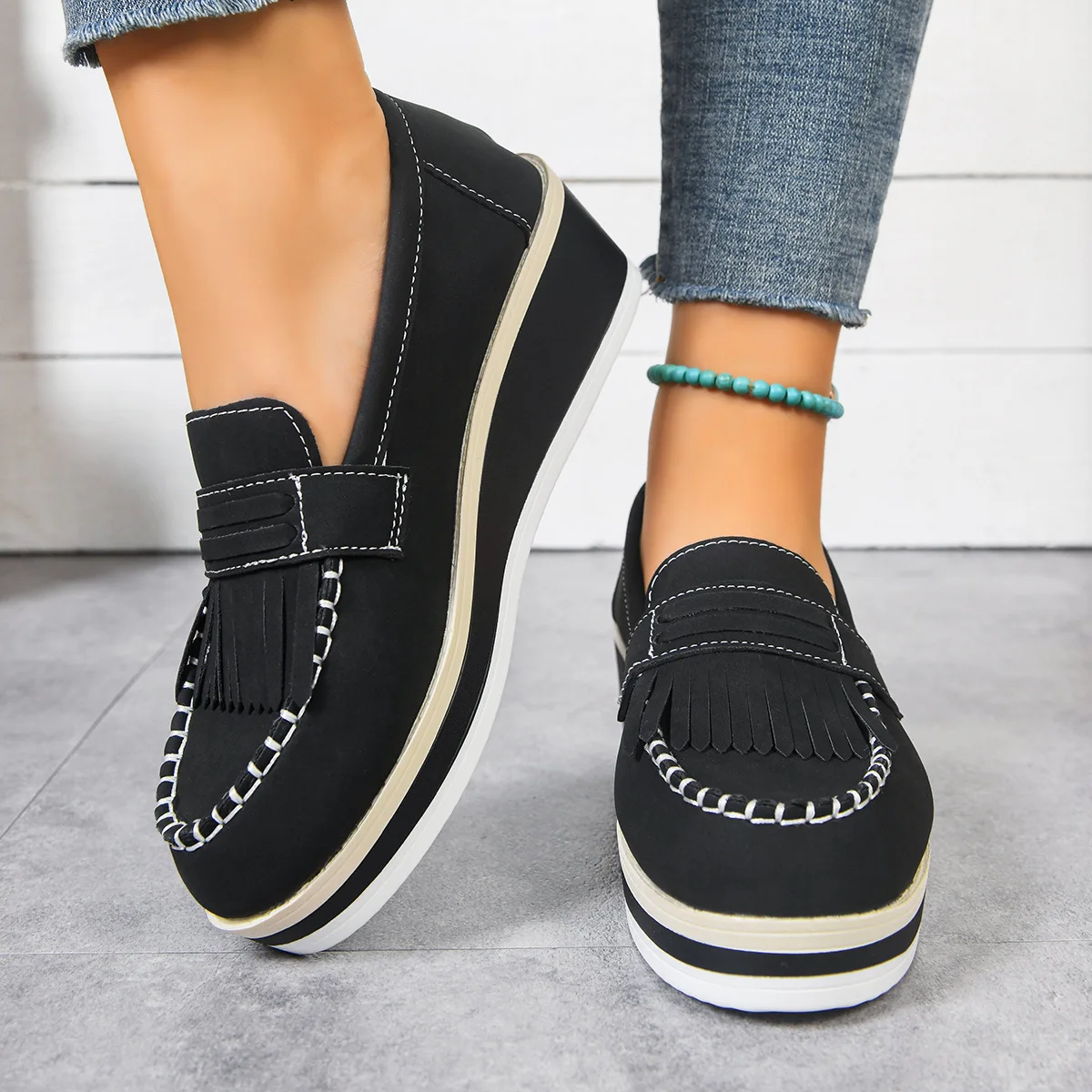 Black Loafers for Women Platform PU Leather Casual Shoes Woman Spring New Comfort Tassel Slip on Flats Single-shoe Plus Size 43