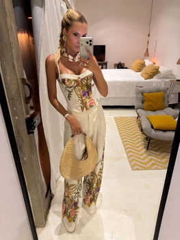 Floral Print Pants 3-piece Set Women Elegant Oversized Blazer Corset Top Sling Top Suit 2026 New Lady Street Bohemian Outfits
