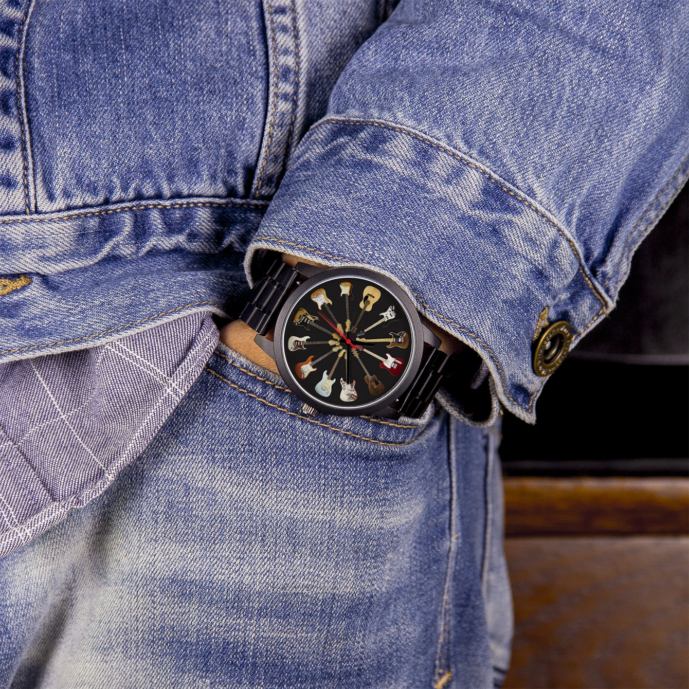 Men's Customizable Guitar-Themed Chronograph Wristwatch - Unique Handcrafted Musical Gift Souvenir