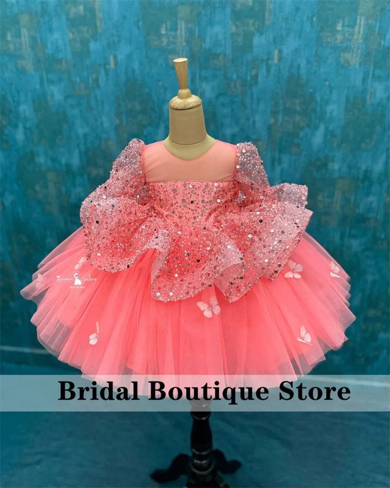 

Платье с длинным рукавом для девочек, бальное платье с бусинами, блестками и бабочками, детское платье для свадьбы, первого причастия, фотосессии