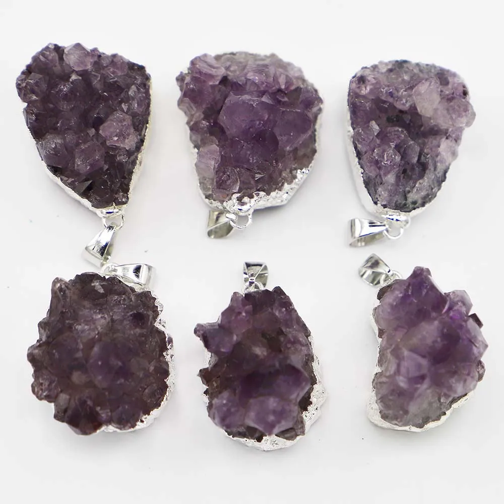 Natural Stone Raw Ore Amethyst Pendant Irregular Silver Edge Quartz Quality Purple Crystal Necklace Jewelry Gift Wholesale 10Pcs