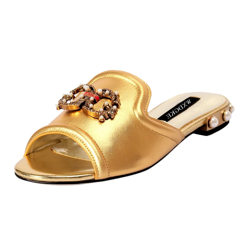 

Pwmrun Brand Gold Sandals For Women Metal Decoration Rhinestone Casual Elegant Leather Slides Peep Toe ladies Slipper