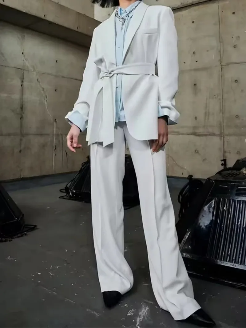 Women's Spring Pants Set 2 Piece Casual Belt Suit Coat+High Waist Pants Women's Elegant Street Two Piece Clothing Set 2023 New