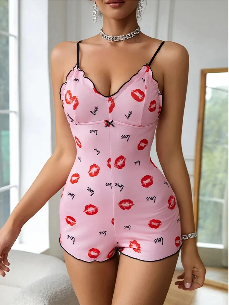 Women's Pajamas One Piece Pajamas Red Lip Printed Sleeveless Pijama Short Onesie Adults V-Neck Suspenders Funny Bodysuit