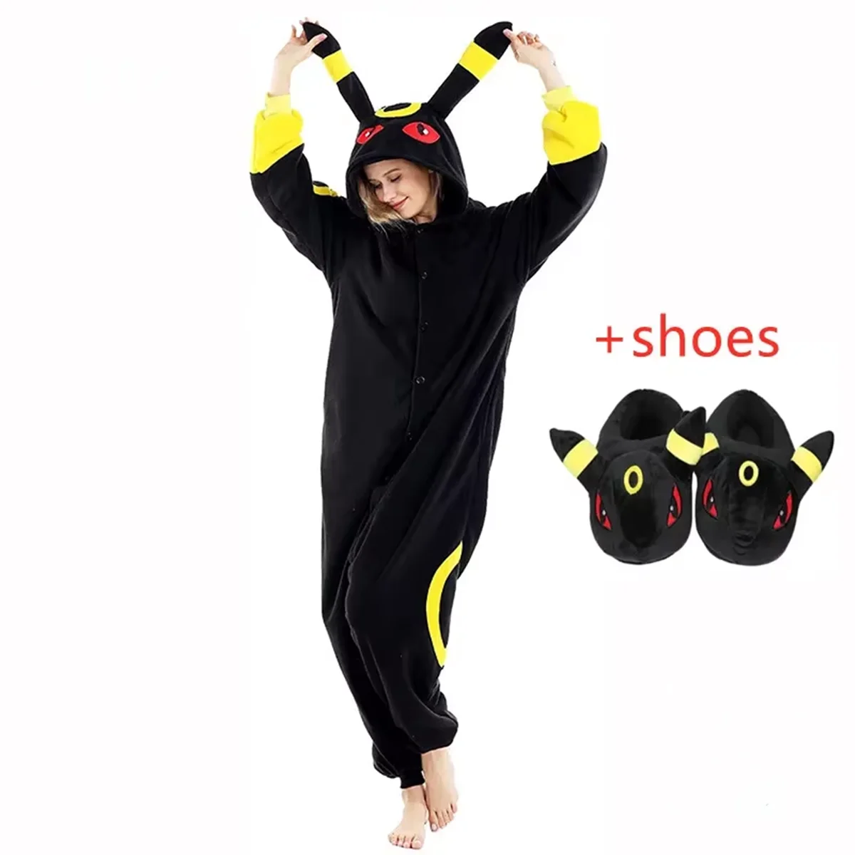 Erwachsenen-Umbreon-Kigurumi-Onesie-Pyjama aus Fleece, Tierkostüm für Damen, Halloween-Party-Cosplay-Kostüm, Pyjama mit Schuhen