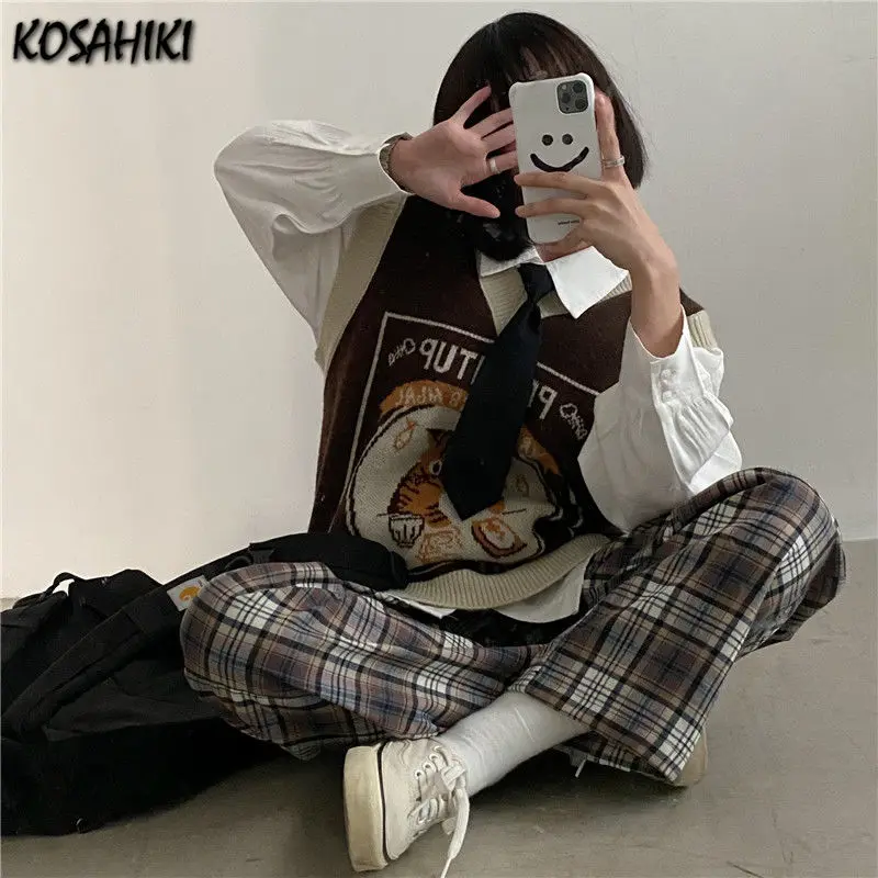 KOSAHIKI Sweater Vest Women Kawaii Cat Waistcoat Streetwear Knitting Chic Fashion College All-match Harajuku Y2k Vests Chandails 6