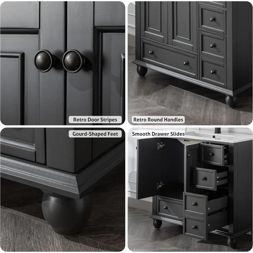 36" Bathroom Vanity Sink Combo Vintage Style with Painted Solid Wood Construction, Undermount Ceramic Sink with Faucet & Drain 5