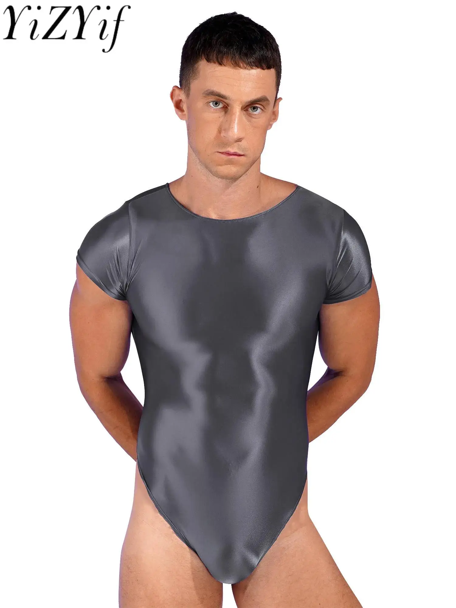 Mens Glossy Shiny Bodysuit One-piece Swimsuit Short Sleeve High Cut Leotard Swimwear Yoga Sports Fitness Gymnastics Sportswears