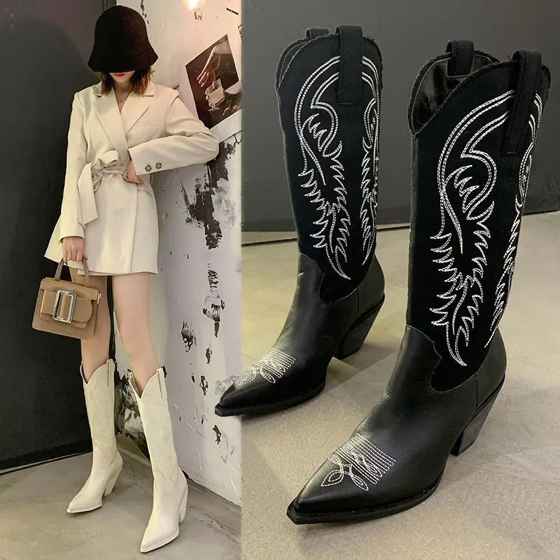 

Женские ковбойские ботинки в западном стиле, остроносые женские ботинки до середины икры с принтом, зимние рыцарские ботинки на танкетке на массивном каблуке