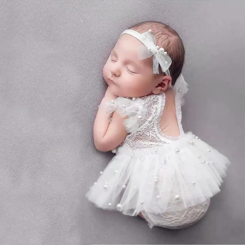 

0-1 Month Baby Girl Lace Pearl Princess Dress Newborn Photography Props Outfit Photo Shoot Costume