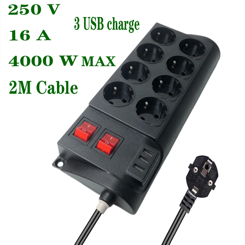 

4000W 2 Round Pin EU RUS Plug Power Strip Switch 2 M Cable Universal Outlets 3 USB Electrical Extension Cord Socket
