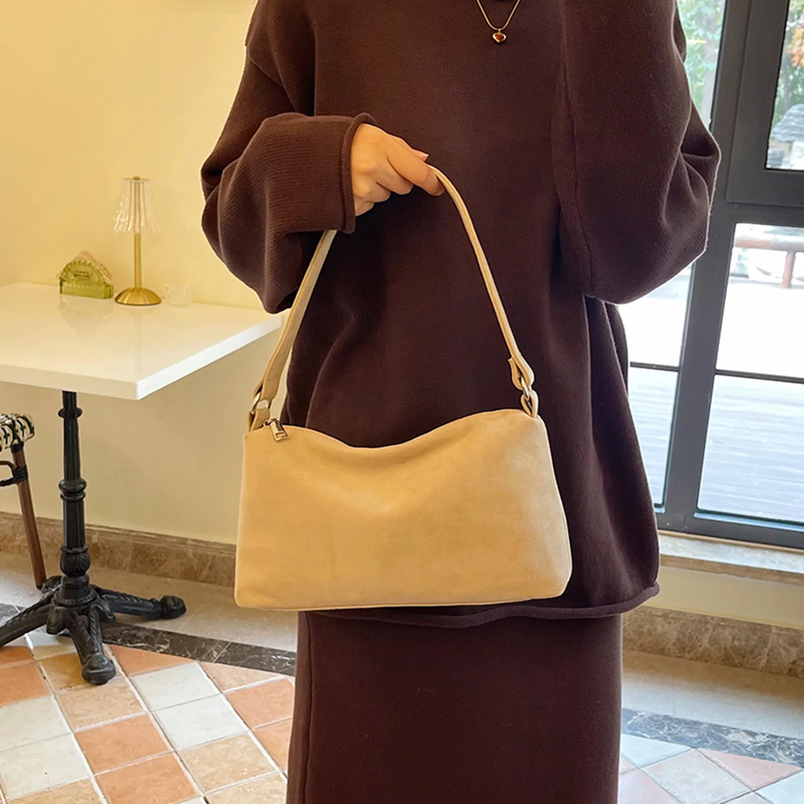 Suede Small Square Bag Zipper Closure Simple Underarm Bag Stylish Armpit Bag Travel Date Shopping Handbag