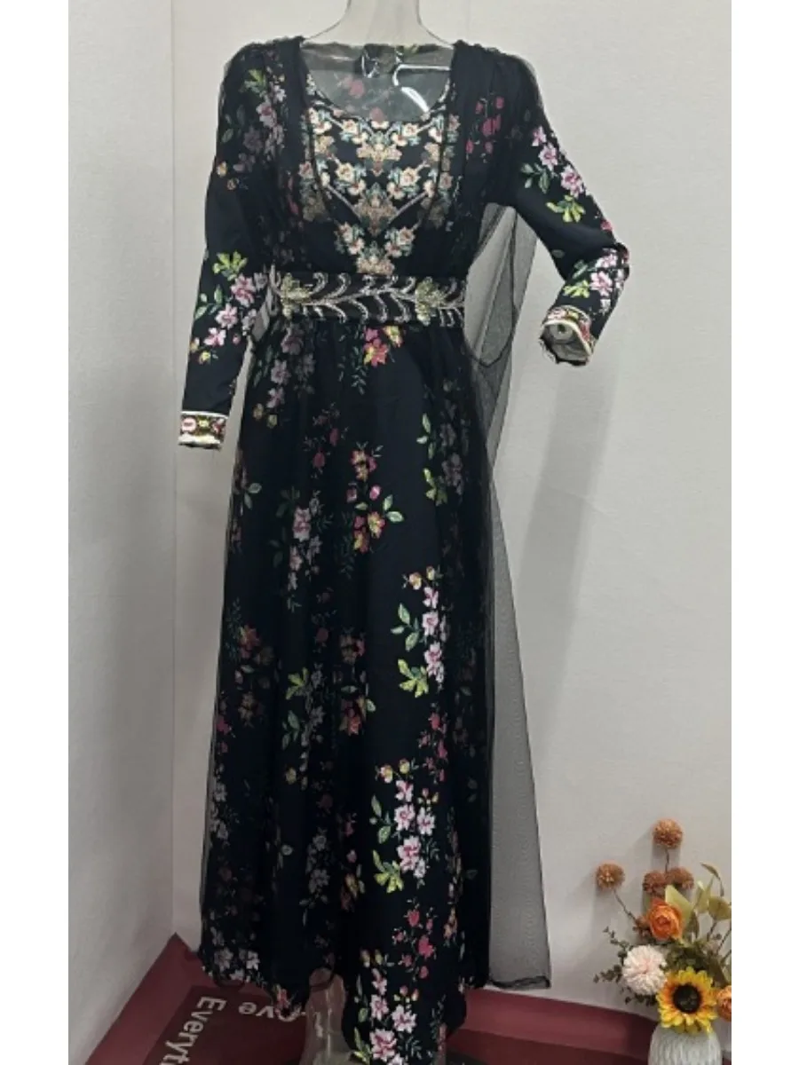Eid Muslim Party Dress for Women Print Floral Ramadan Abaya Long Dress Belt Morocco Vestidos Largos Dubai Robe Jalabiya 2024