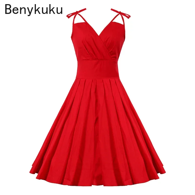 

Женское винтажное платье на тонких бретельках, красное Хлопковое платье в стиле ретро Хепберн, элегантное плиссированное платье средней длины с V-образным вырезом, лето