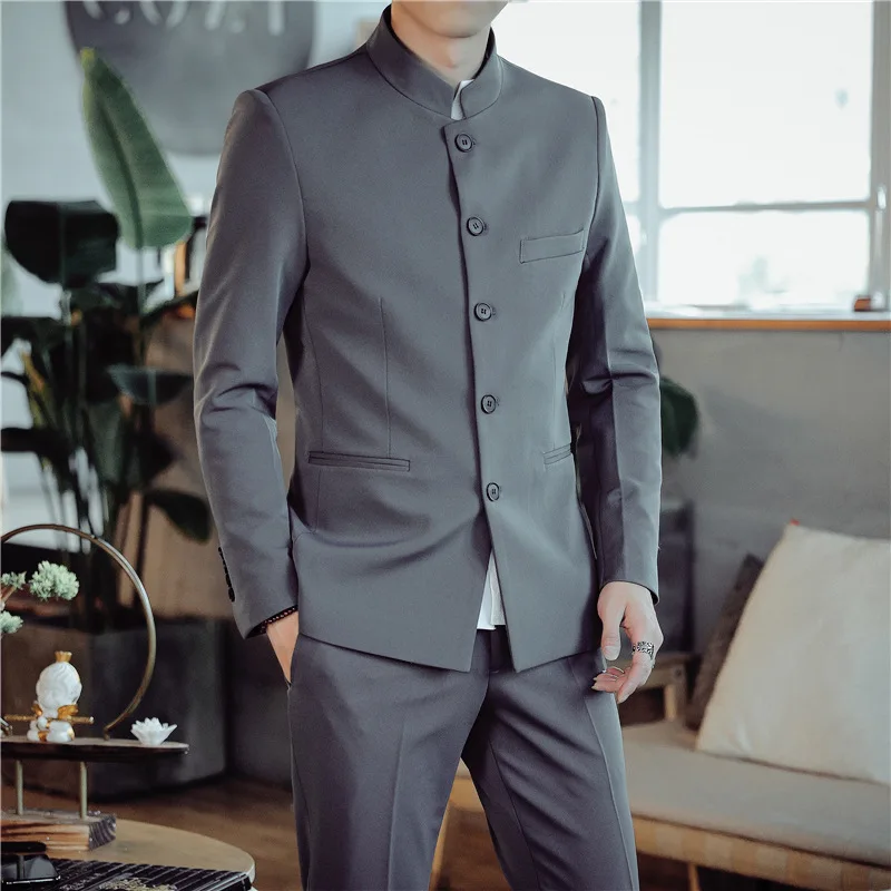 2023 Fashion New Men's Suit Boutique Chinese Style Stand Collar Single Breasted Blazer And Pant Black Gray Blue Male 2 Piece Set