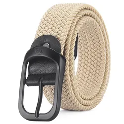 Unisex Casual Woven Elastic Belt - Fashionable and Versatile for Outdoor Sports and Everyday Wear (Black buckle beige)