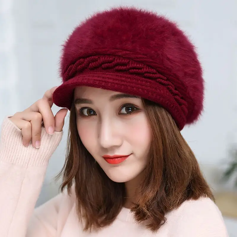 Hat Women's Winter Korean Rabbit Hair Hat New Winter Duck Tongue Hat Thickened Warm Knitted Hat 4