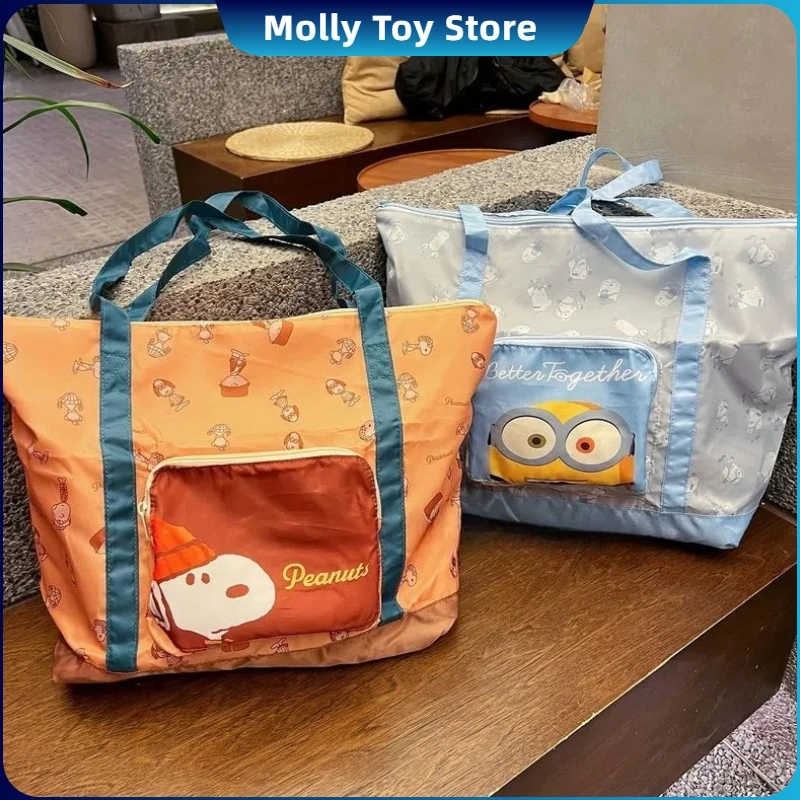 Anime Snoopy Minions Stationery Storage Bag Large Capacity Collapsible Camping Shoulder Shopping Bag Light Clothing Packaging