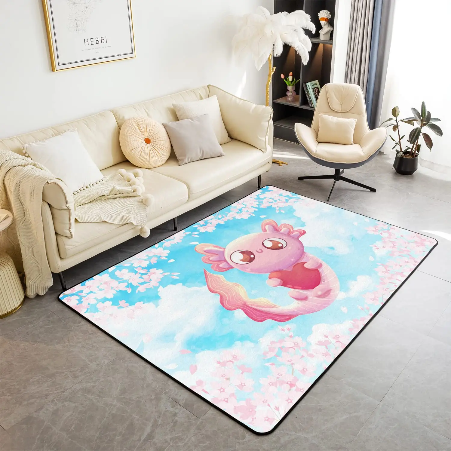 

Cartoon Animal Axolotl Carpet Cute Axolotl Area Rug for Living Room Bedroom Cherry Blossom Cartoon Salamander Non Slip Floor Mat