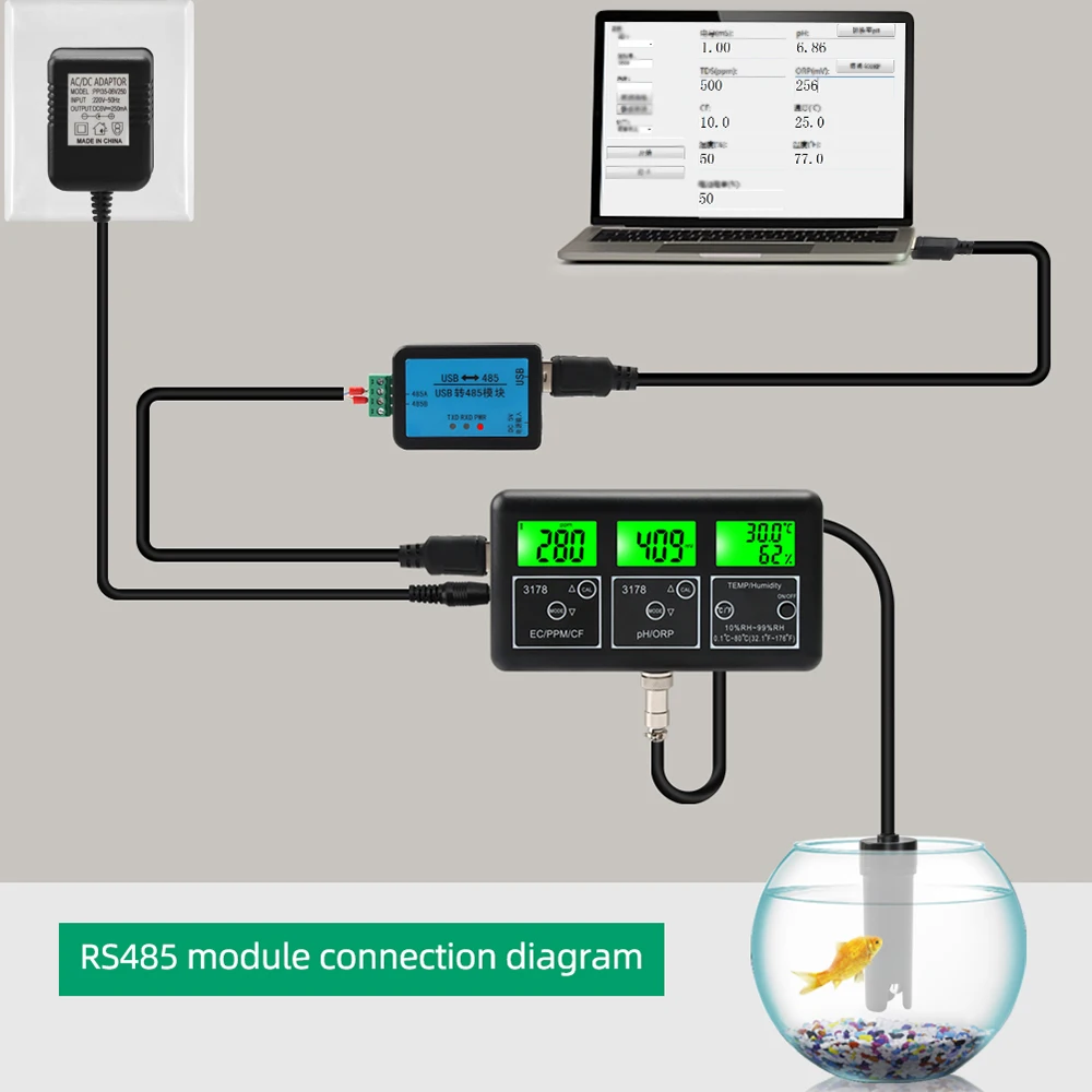 7 in 1 PH Meter for Water Digital Water Quality Tester EC/TDS/PH/CF/ORP/Temperature/Humidity Meter with RS485 Communication Modu