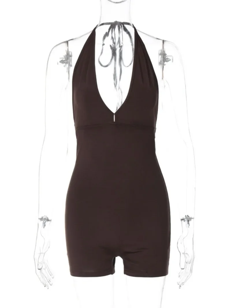 Fashion Sexy Backless Halter Neck Lace-up One Piece Bodysuit Streetwear Women Summer Sleeveless Folds Sports Jumpsuit Rompers