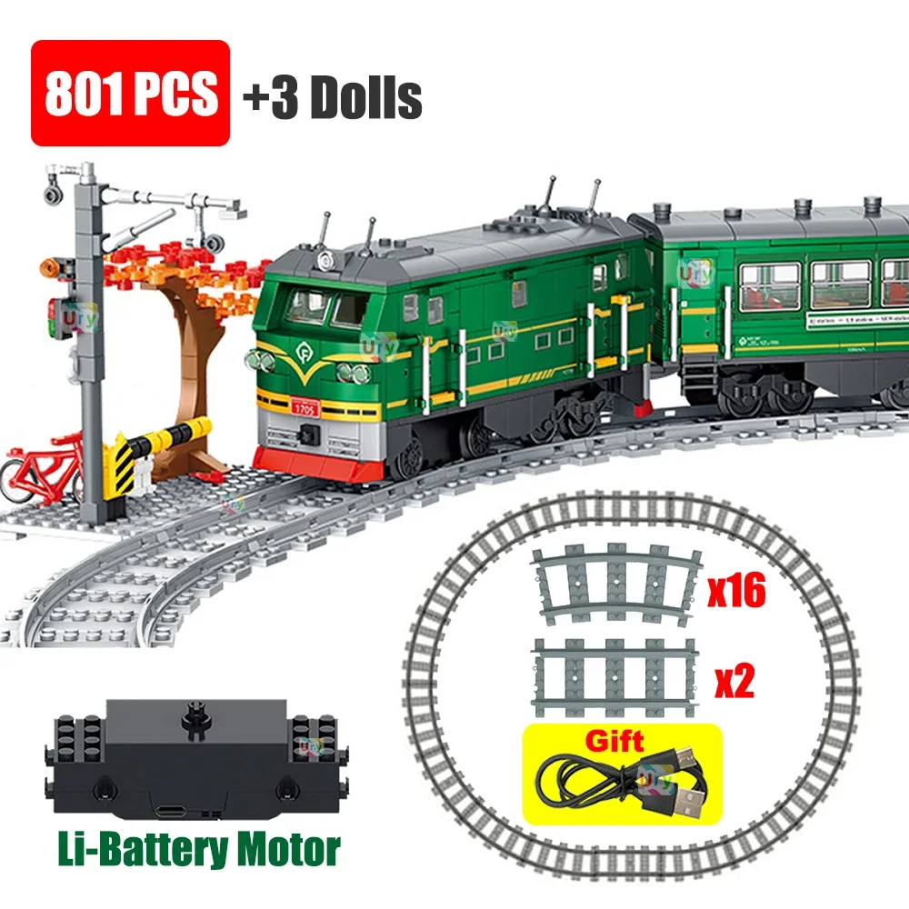 Technical Retro Green Steam Train City Car Electric Model Rechargeable Lithium Battery Motor Building Blocks Toys For Boy Gifts 1