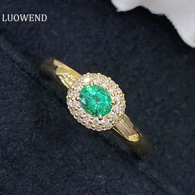 LUOWEND 18K Yellow Gold Rings Real Natural Emerald Romantic Flower Shape Exquisite Wedding Jewelry for Women Gemstone Rings luowend 18k white gold necklace luck clover shape real natural diamonds 0 70carat pendant for women anniversary jewelry