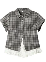 Chemisier Femme Été à Manches Courtes, Motif Carreaux et Dentelle, Style Vintage Rétro Japonais Kawaii, Coupe Slim, Mignon et Décontracté 6