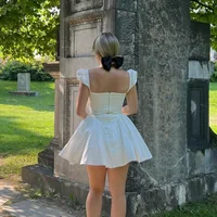 Suninheart White Sexy Party Dresses 2024 New Arrivals V Neck Cape Sleeve Dress Mini Casual Birthday Fluffy Skirt Dress - Image 5