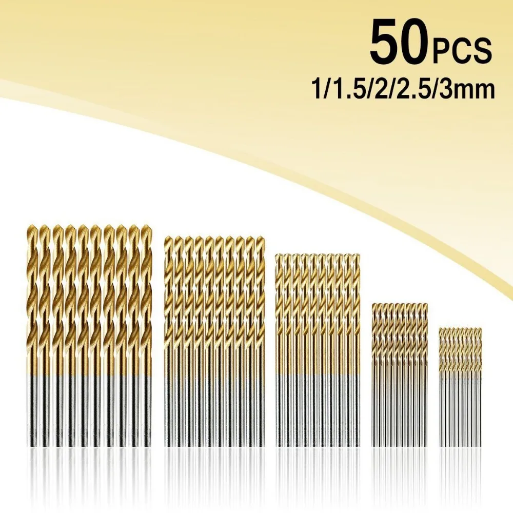 SMARLAN 50pcs Titanium Coated Drill Bit HSS Mini Extractor Drill Bit 1/1.5/2/2.5/3mm For Metal Wood Aluminum Drilling Tools Set