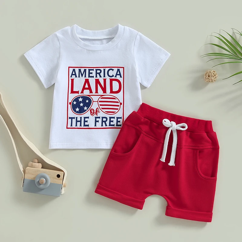 

2023-04-13 Lioraitiin Independence Day Baby Clothes Suits Stars Stripe Glasses Letter Print Short Sleeve T-Shirts Tops Shorts