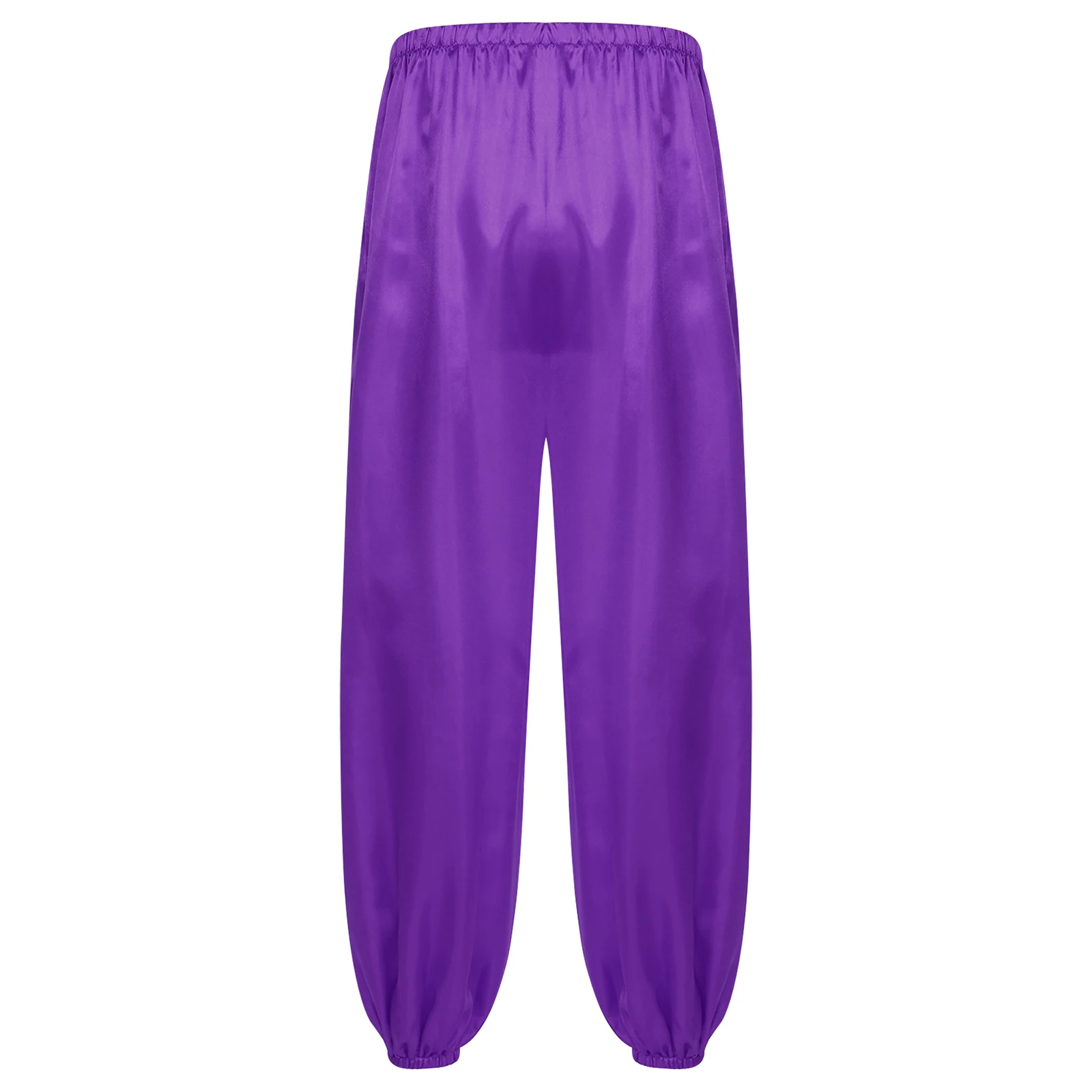 Men Arabian Prince Halloween Costume Satin Long Pants Party Yoga Dancewar Elastic Waist Gold Trim Bloomers for Carnival Cosplay