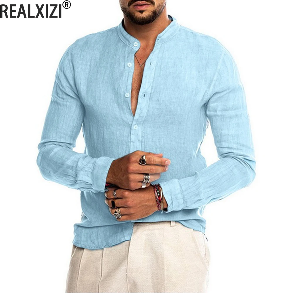 Men-Cotton-Linen-Shirts-Men-s-Linen-Cardigan-Solid-Color-Stand-Collar ...