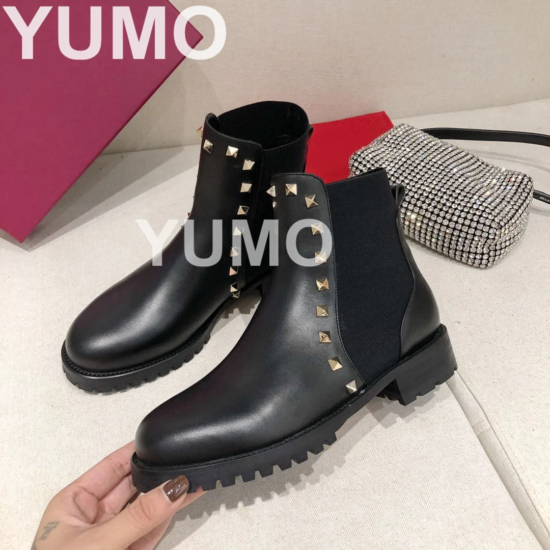 

2023 Women Autumn Winter Round Toe Genuine Leather Ankle Boots Solid Fashion Classic Rivet Decor Slip On Short Boots Size 41