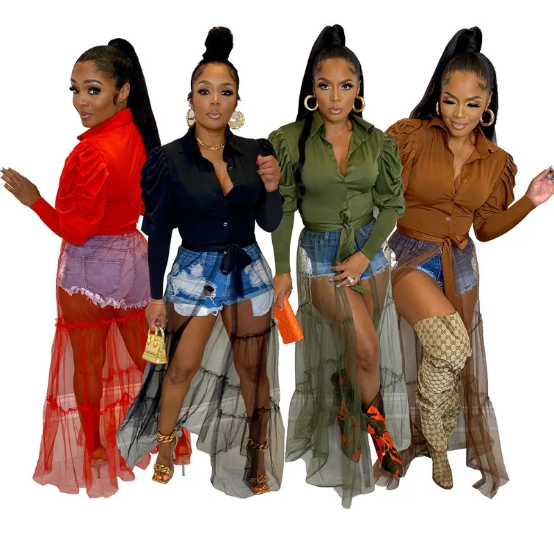 

Elegant Women Shirts Dress Solid Mesh Stitching Long Sleeve Button Up Maxi Dresses 2023 Autumn Outfits Sexy Club Party Vestidos