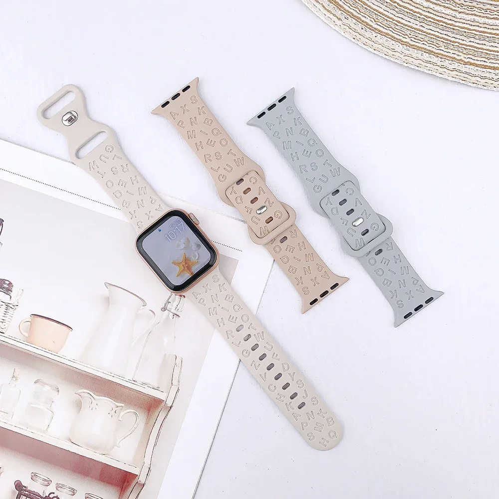 

Soft Letter Silicone Strap For Apple Watch 9 Band 45mm 44mm 42mm 38mm 41mm Ultra 2 49mm Bracelet Correa For iWatch SE 2 40mm 8 7