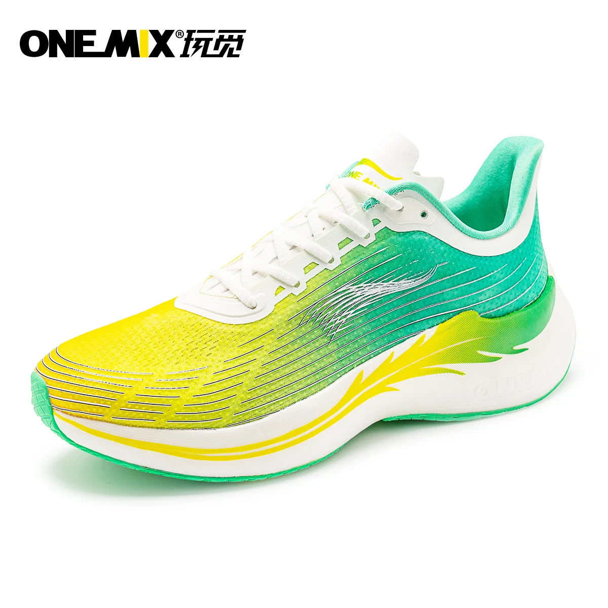 ONEMIX 2023 Marathon Men Running Shoes Green Breathable Mesh Carbon Fibre Plate Women Sneakers Lace Up Mesh Athletic Sport Shoes
