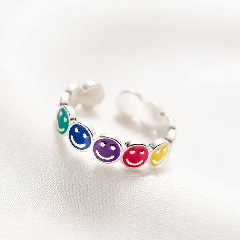 WYEAIIR 925 Sterling Silver Color Glazed Cute Smiling Face Cartoon Resizable Opening Ring For Women Luxury Jewelry 5