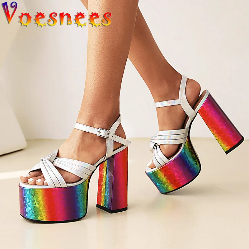 

European And American Style Cross Belt Thick Heel Sandals Rainbow Waterproof Platform Thick Bottom High Heels Pumps Women Shoes