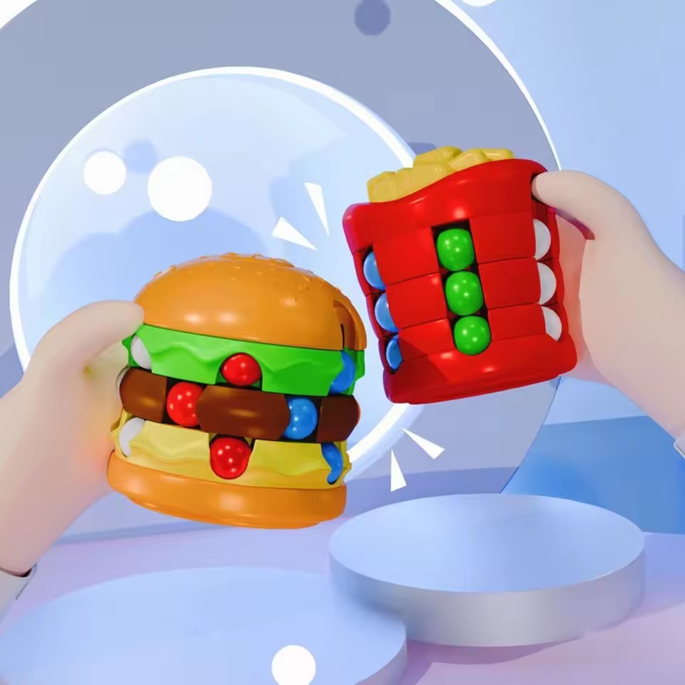 1pc 7×7cm Kids Burger Fries Magic Rotating Bean Puzzle Toys Fingertip Fidget Stress Relief Game Education Toys Gifts For Childre