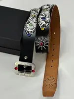 Handmade Diamond Punk Sle Motorcycle Belt Leather Material Alloy Bule ex Youth Suitable 4.3cm Width Single Circle Length