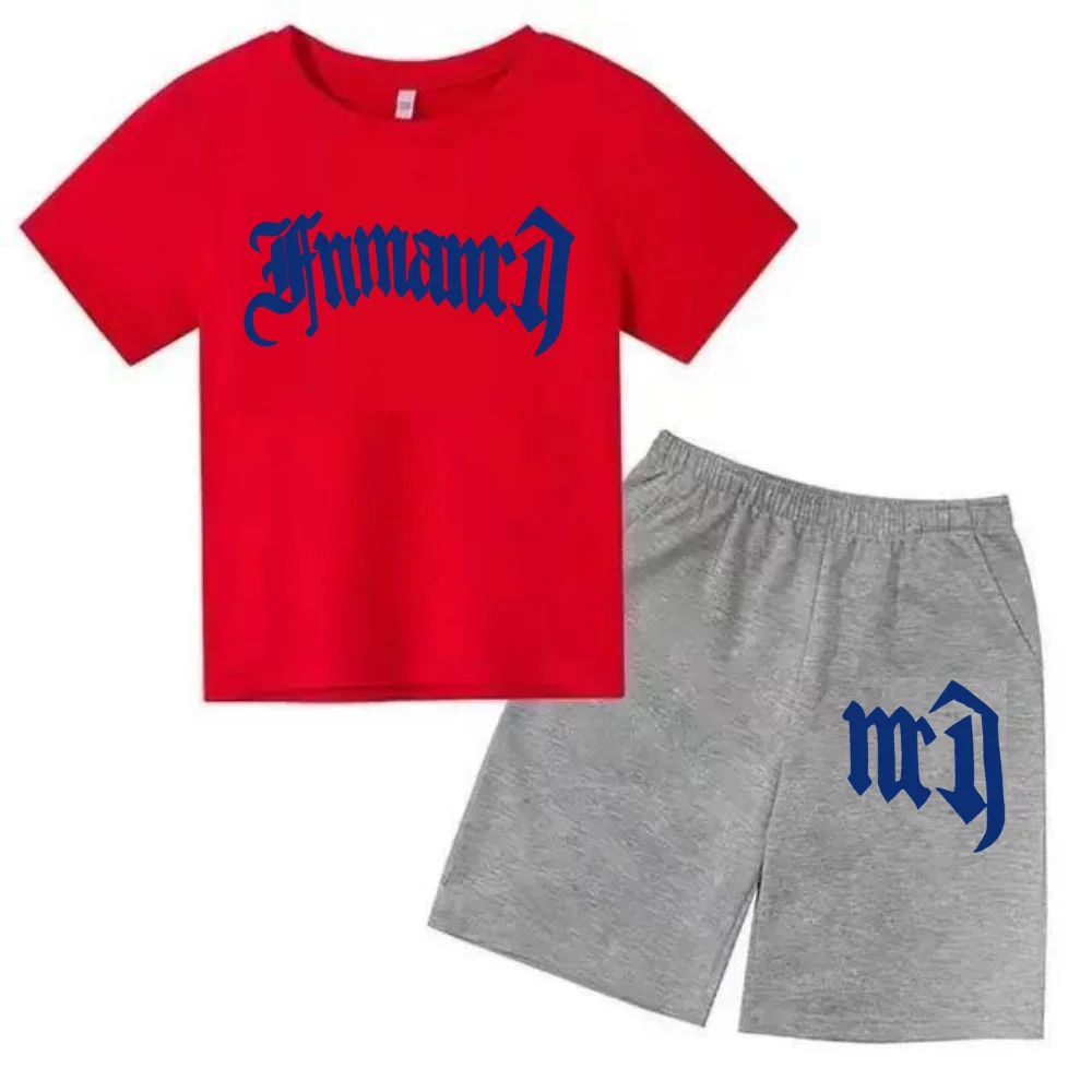 thumbnail image 1 of Ropa para niños con estampado de marca gótica, conjunto de camiseta y pantalones cortos de verano para adolescentes, 2 piezas, manga corta, moda informal para niños y niñas, 1 of 5