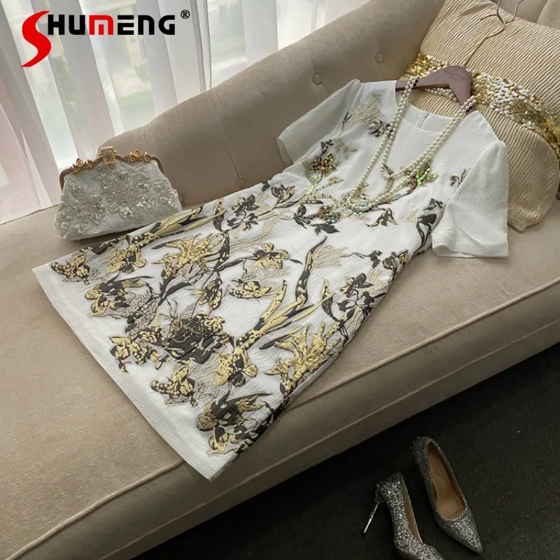 

Fashion Heavy-Duty Beaded Sequins Three-Dimensional Embossed Flower Short Sleeves Elegant Spring Summer Dress 2 Colors Available