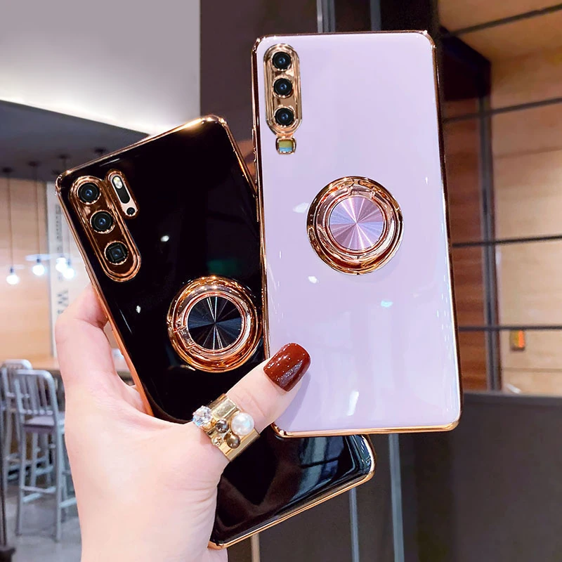 Luxury Plating Silicone Case For Huawei P30 Pro P20 Mate 20 P40 Honor 20 30 Pro Nova 5T Phone Soft Magnet Cover With Ring Holder