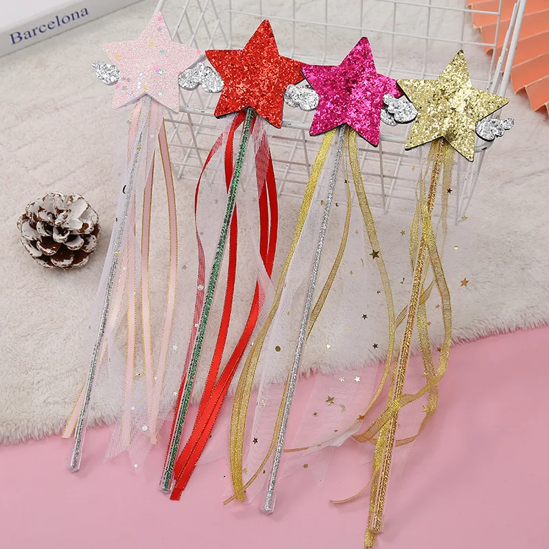 Kids Birthday Gold Pink Star Fairy Wand Baby Shower Girl Party Wing Sparklers Glitter Makeup Costume Props 1PC
