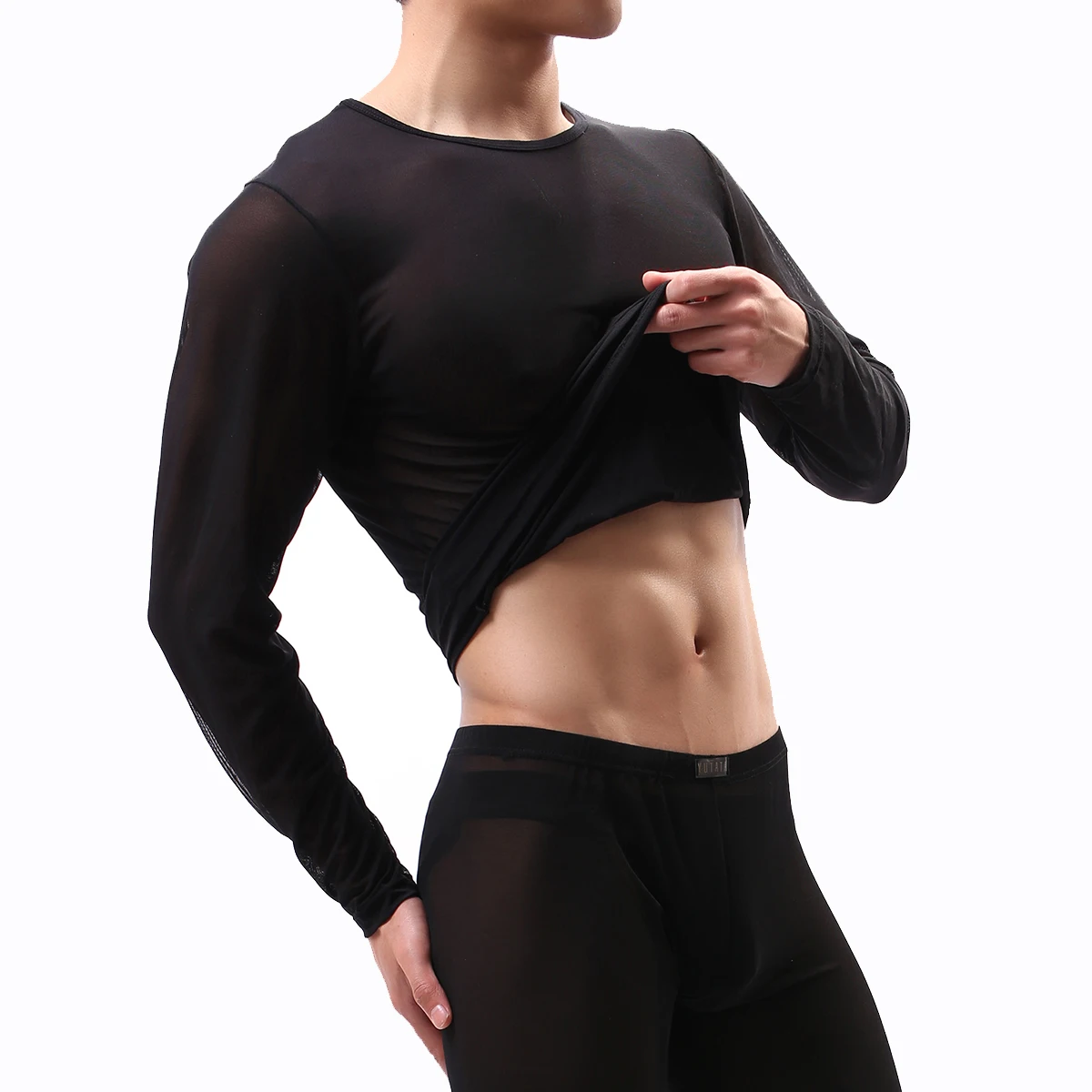 New Fashion Mens Sexy Transparent Gauze Undershirt Utra-thin O-neck See Through Mesh Long Sleeve Fitness T Shirt Men Tees