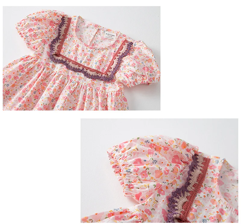 Kids Floral Princess Dress   Bohemia Girls Summer Lace Korean Children's Round Neck Short-Sleeved Boho Sweet Print Boatneck Dresses for Bohemian Girl in Pink