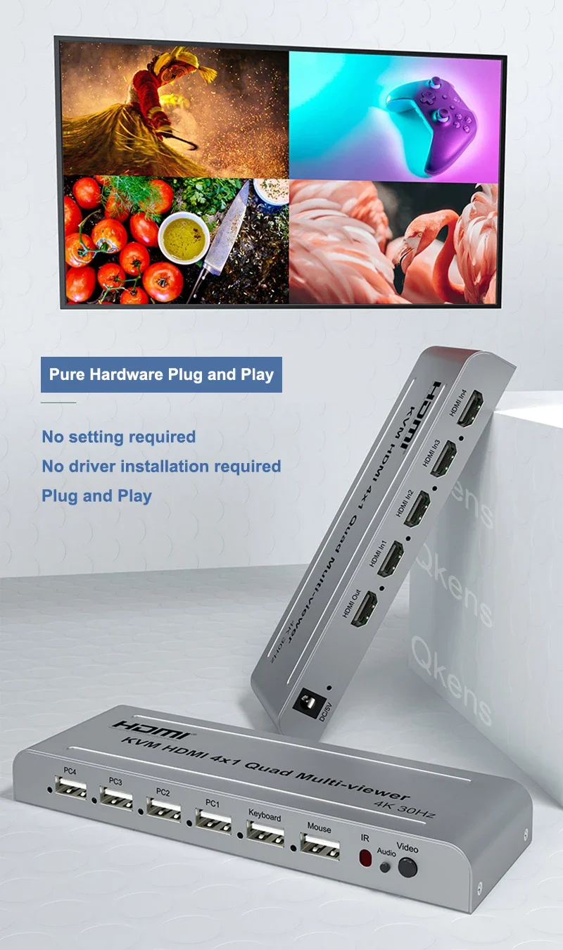 4K 4X1 KVM 쿼드 멀티뷰어 4포트 HDMI 멀티뷰어 원활한 전환 화면 멀티뷰어 USB 키보드 PC 마우스 통과 지원