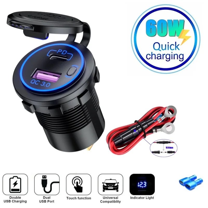 

60W Quick Charge Car Charger QC3.0 USB+PD Type C Port Cigarette Lighter Socket Voltmeter Auto Power Adapter for 12V/24V Vehicle